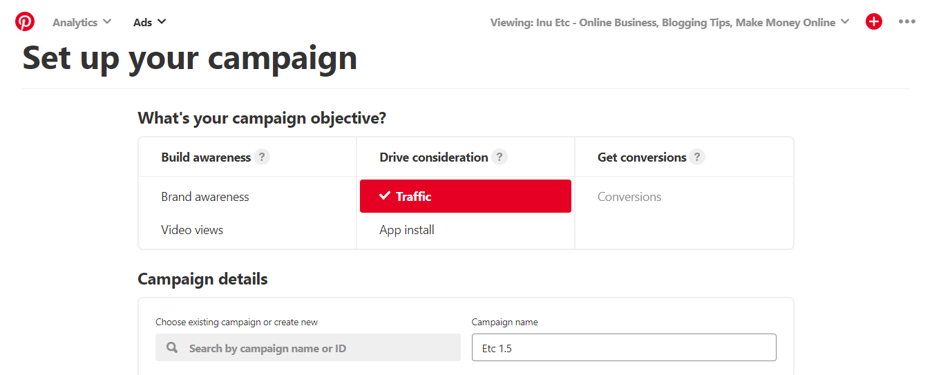 Pinterest keyword Planner - Campaign name