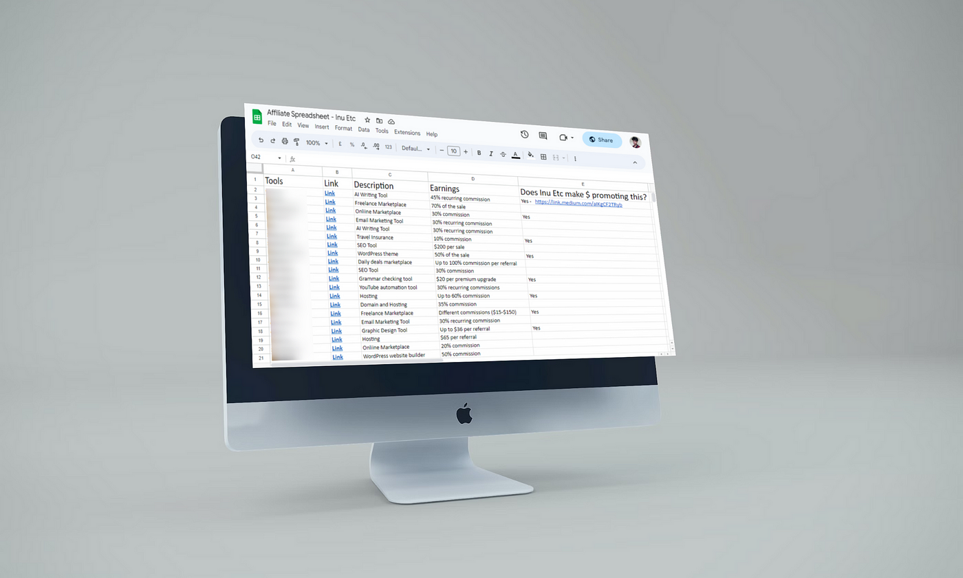 Affiliate spreadsheet by Inu Etc