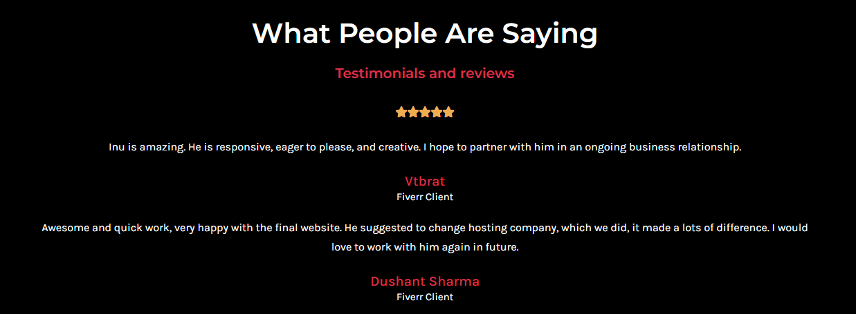 The client testimonials section of my portfolio website - Photo by Inu Etc
