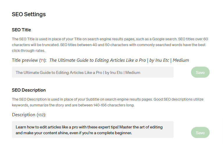 SEO settings on Medium